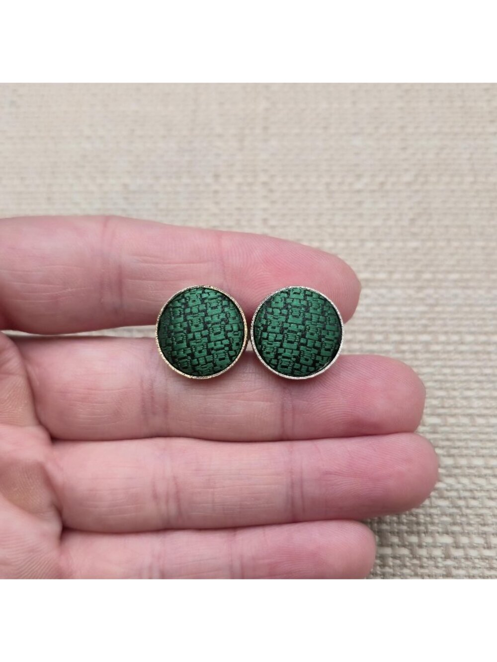 Vintage Round Green Textured Silk Fabric Insert Cufflinks A8931